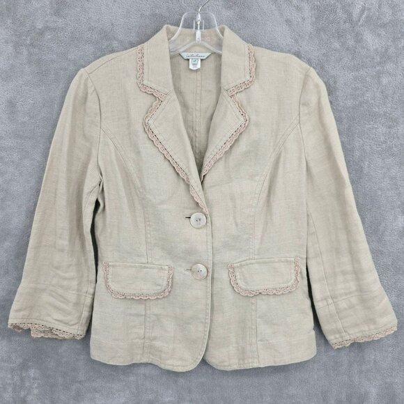 Intuitions Cropped Blazer 2 Natural Linen Lace Trim Floral Buttons Cottagecore - Picture 1 of 13